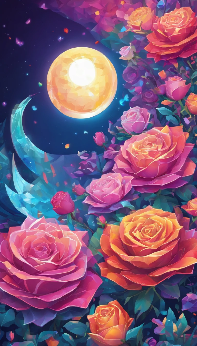 A sea of radiant roses，Petals in rainbow colors,Radiating the light of the sun and moon，Crystal material