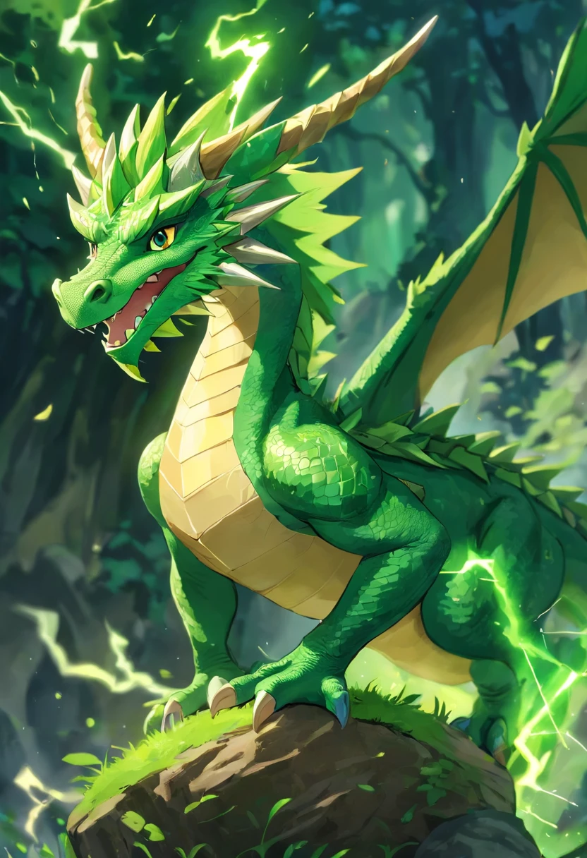 A green dragon，No wings，hovering sky，Lightning，（entangled lightning：1.2），（Hyper Real，hyper-detailing，high qulity，hyper HD，tmasterpiece：1.3）