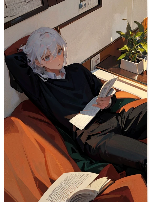 tmasterpiece, Best quality at best, (dynamicposes:0.5),1 man, White hair,long whitr hair,Sitting on the bedside,sitting down on the floor,Only the upper body can be seen,Reading a book,Leaning against the bed,white shirt,Black pants,The collar of the white shirt is slightly open,with plants around it,There are books around,The sun shines sideways on the body and face