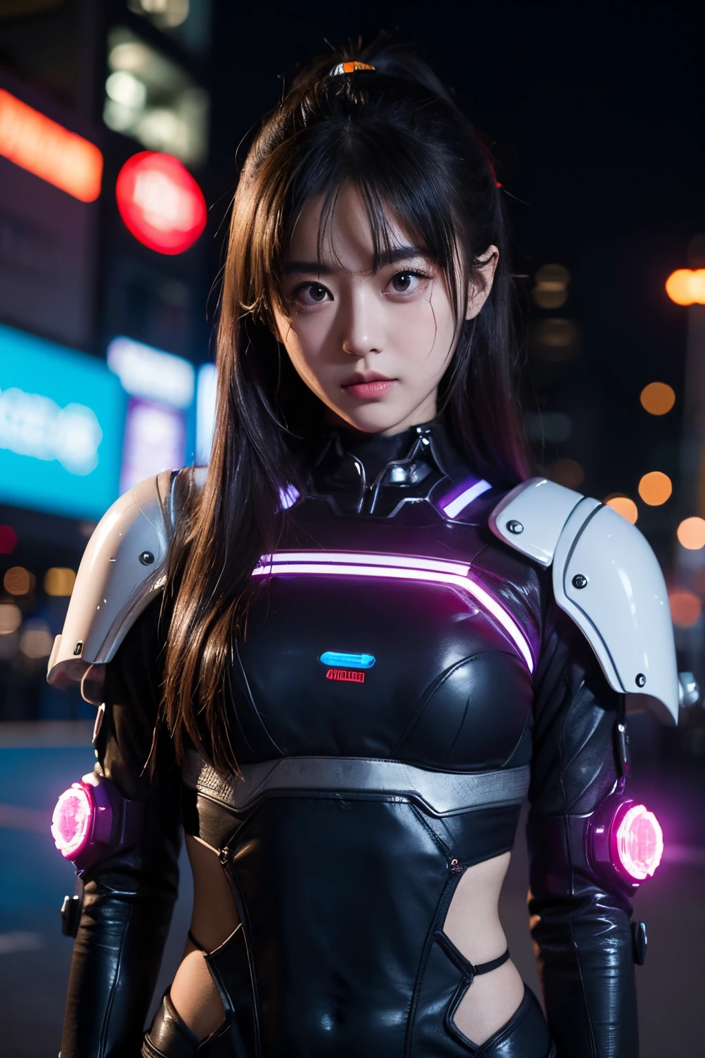 A very Nogizaka girl posing in a very revealing electric cyberpunk suit