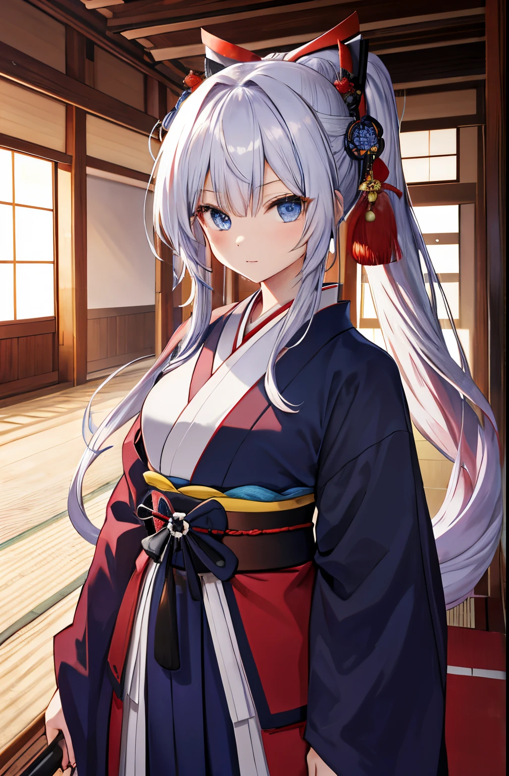 best qualtiy,hight resolution,silber hair,The long-haired,poneyTail,red and blue eyes,teens girl,Country roads,Kimono,Hakama,samurais,swordsmen,Sarashi on the chest,tits out,