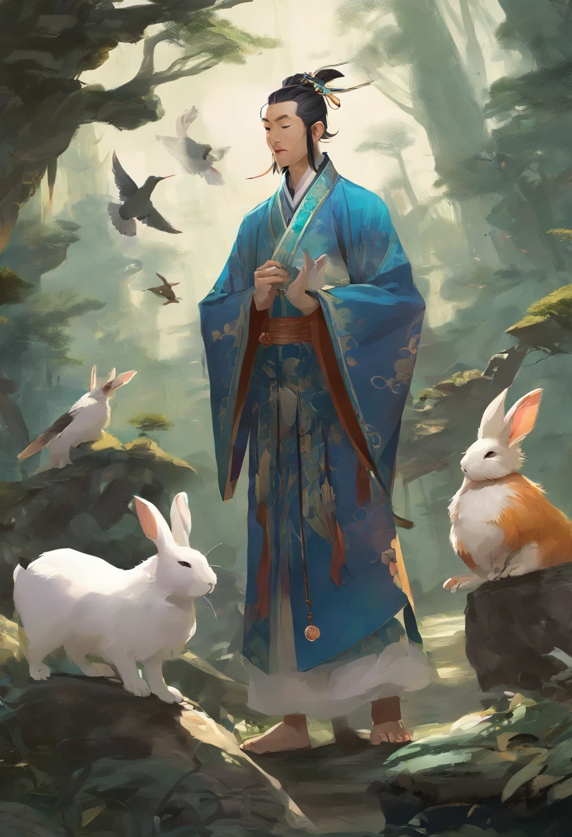 A Taoist priest in Taoist uniform,A rabbit, Walk in the forest, Many birds, Lots of animals, Happy, Happy, perfectquality, Clear focus