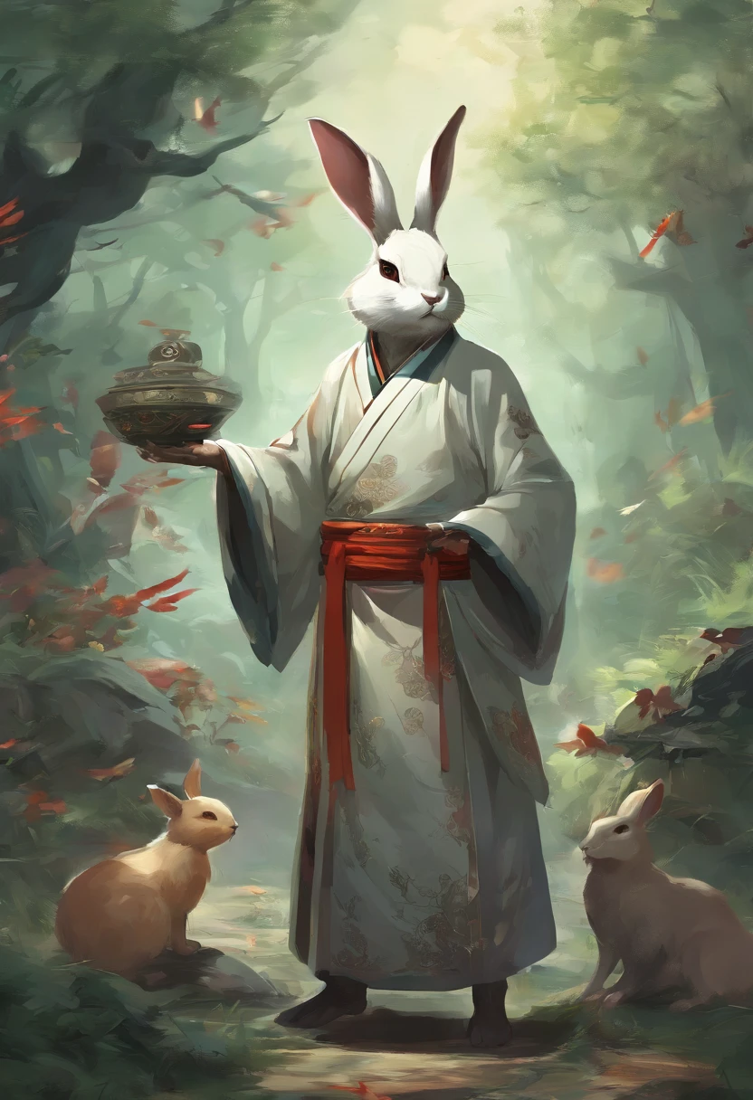 A Taoist priest in Taoist uniform,A rabbit, Walk in the forest, Many birds, Lots of animals, Happy, Happy, perfectquality, Clear focus