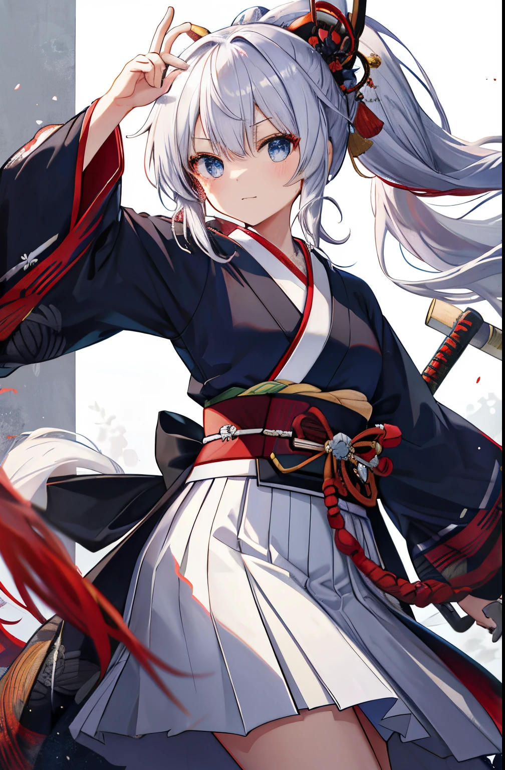 best qualtiy,hight resolution,silber hair,The long-haired,poneyTail,red and blue eyes,teens girl,Country roads,kimono,hakama,samurais,swordsmen,Sarashi on the chest