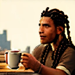 A native man drinking coffee with braids, and in a city he is tan in arizona he looks lovingly at me