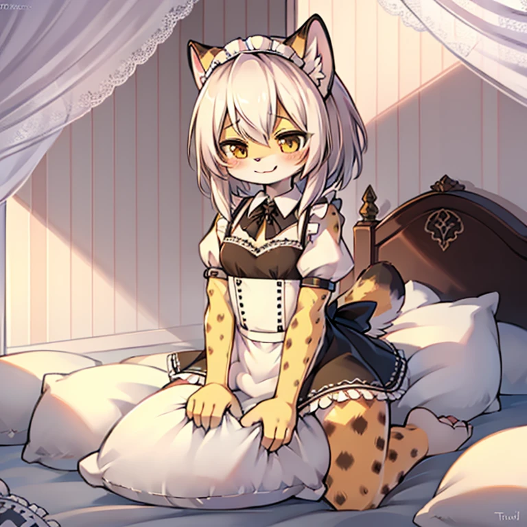 Alone, beast wild, fluffy woman, Tigre, Serval ears,, (max detail), (light and shadows),Serval tail, Yellow tomboy hairstyle, pillow background, Cute girl in maid outfit posing on pillow,  the maid outfit, ,   (The white), natural,, (face flushed),A smile，pillow head,（（many pillows）），soft pads，Canopy bed，Soft pillows，soft pads，Soft pillows，Pillow between legs），（Ride on a pillow），（pillow ride），（crotch rub），Pillow hump，（Gorgeous pattern pillow），（palaces），（Palace bedroom），（Gorgeous pattern pillow），lace pillow，Lace edges，