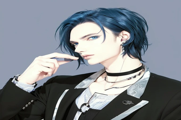 a man with blue hair and a black jacket, delicate androgynous prince, beautiful androgynous prince, handsome, tall anime guy with blue eyes