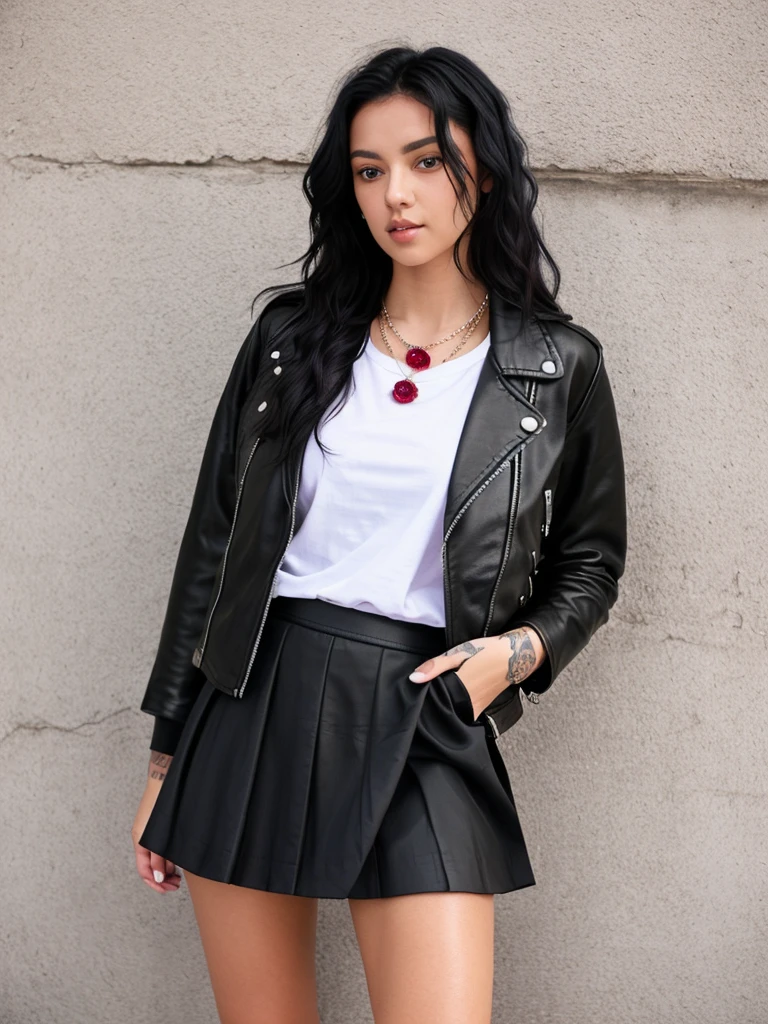 Rosa was there her long wavy black hair down. Rosa wears a black skirt, white t-shirt, black knee high socks, sneakers and a black leather jacket along with a ruby necklace. She has a tan skin tone and have lilac colored eyes. She has a white tiger tattoo on her lower forearm and a Rose vine tattoo on her inner thigh