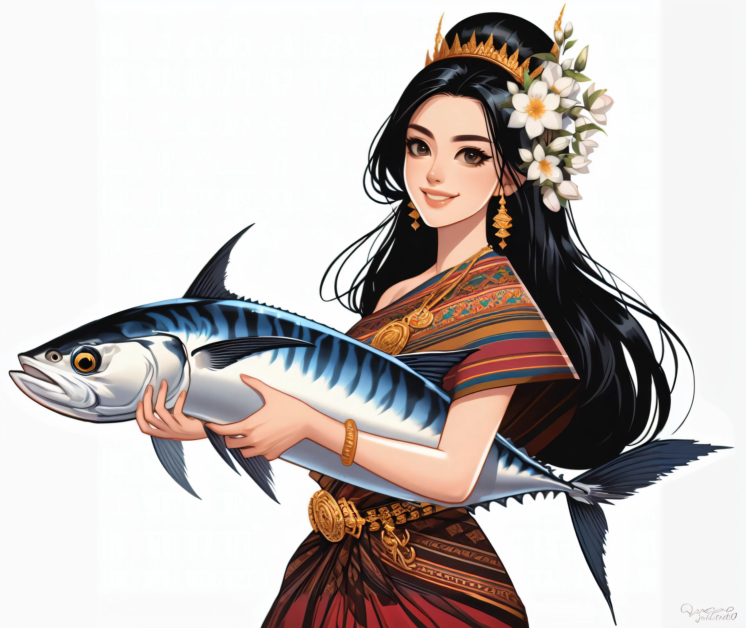 a close up of a woman holding a fish with a crown on her head, queen of the sea mu yanling, anime thai girl, ancient libu princess, a beautiful artwork illustration, inspired by Lan Ying, a beautiful fantasy empress, by Yang J, portrait of modern darna, sakimi chan, asian female water elemental, inspired by Pu Hua