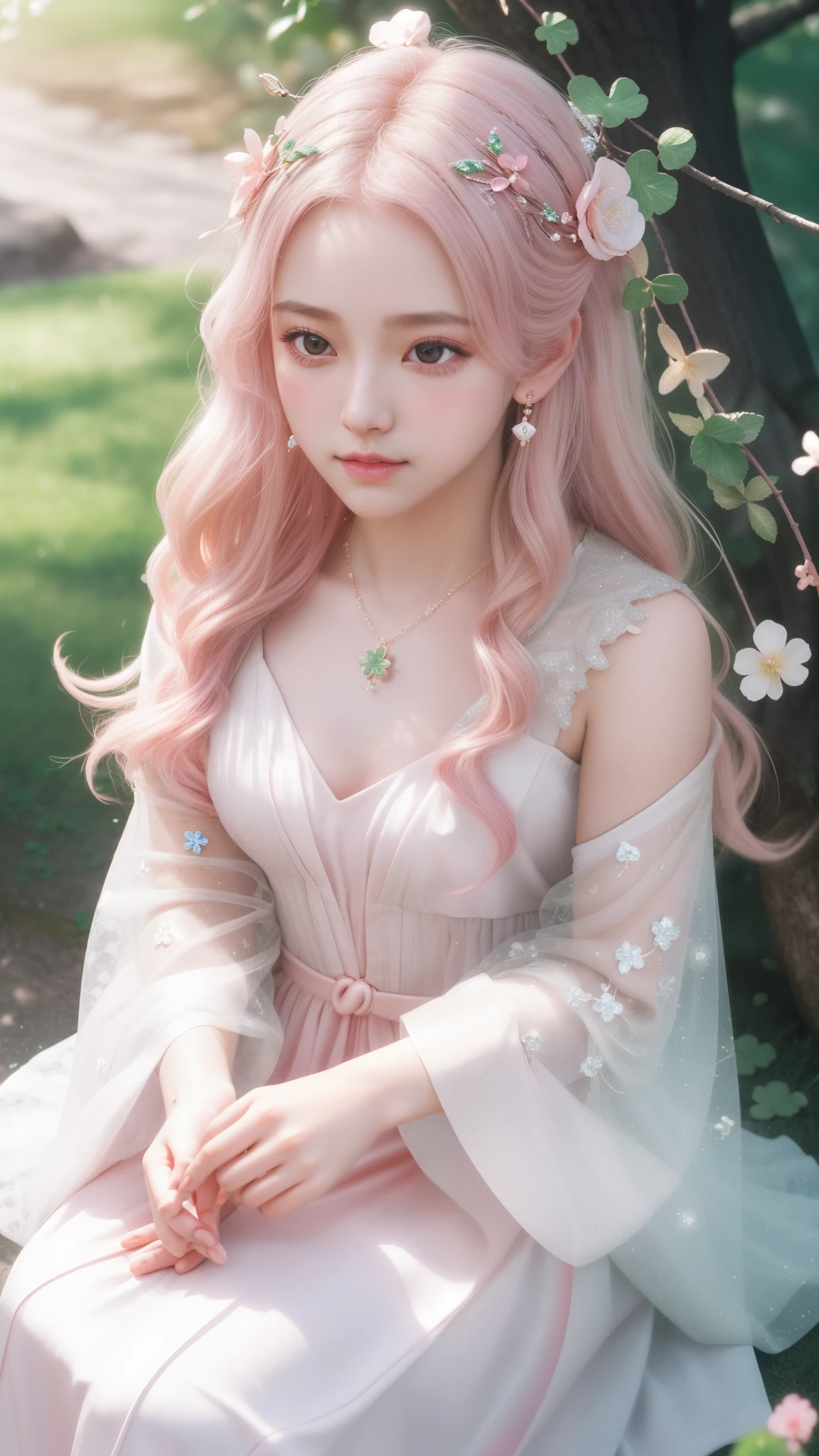 a girl, detailed hair, detailed eyes, shy, facial hair, clover hair ornament, jeweled branch of hourai, jewelry, light blush, light blush, musical note hair ornament, white dress, princess dress, white highlight, glowing light, ray tracing, bloom, chromatic aberration abuse, motion blur, 4K, UHD, masterpiece, sitting,