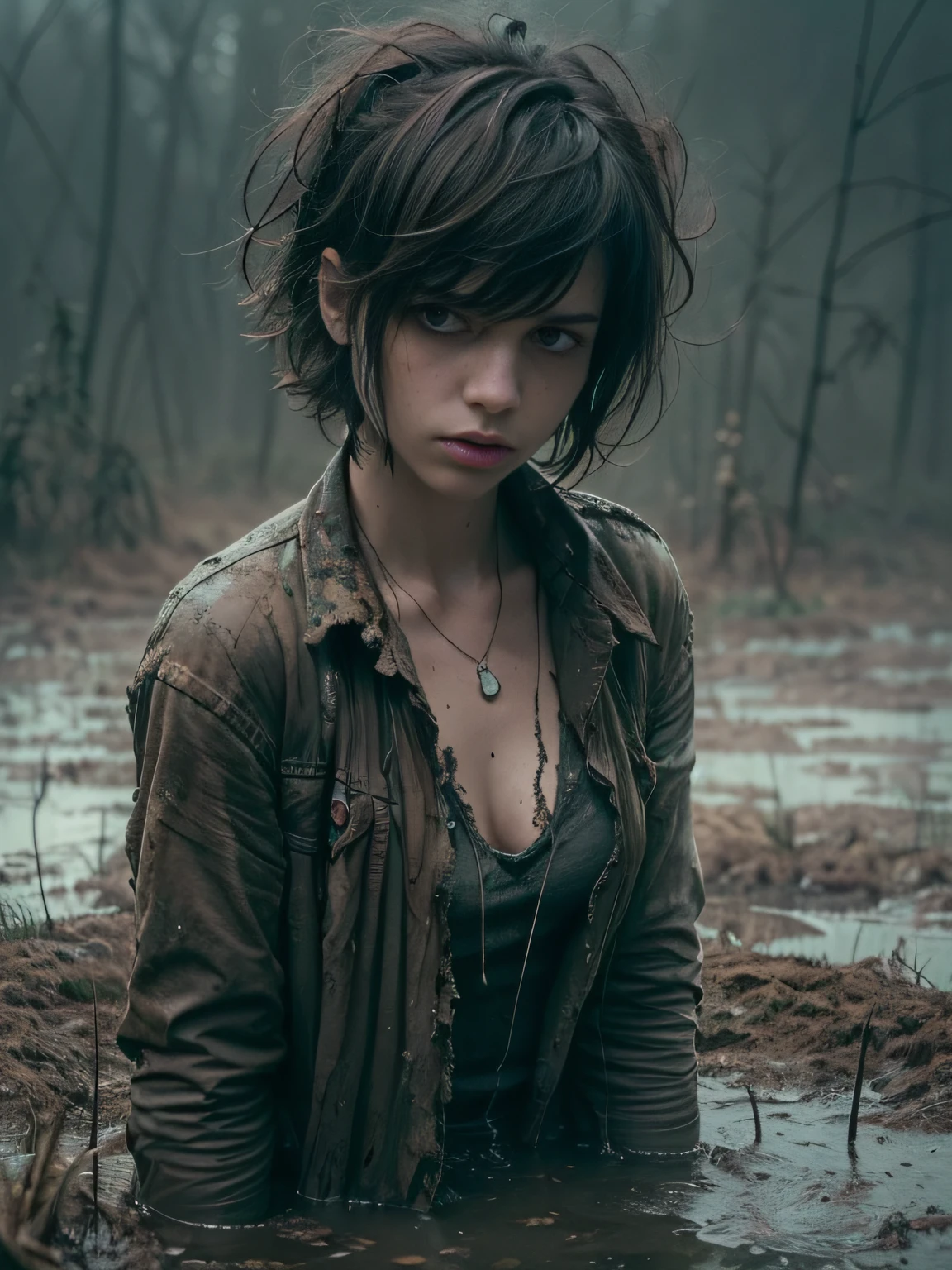 (Best Quality,hight resolution,Masterpiece),Ultra-detailed,The woman,Wide flares on jeans,sickly,drowning in a swamp,standingn:1.2, fetish, Posing, overcomes shame:1.3, (at the bottom of a mud pit:1.3),gloomy ecstasy,fetish,dark gloomy atmosphere,gritty texture,melancholic expression on his face,mysterious aura,foggy background,Subtle color palette,provocative pose,Strong emotions,Coming Out of the Depths of Despair,Piercing gaze,intense shadows,Plunged in Darkness,Rugged terrain,ominous vibe,A supernatural sensation,asymmetrical bangs, freckles, pink short hair, Bangs, freckles, gray eyes,