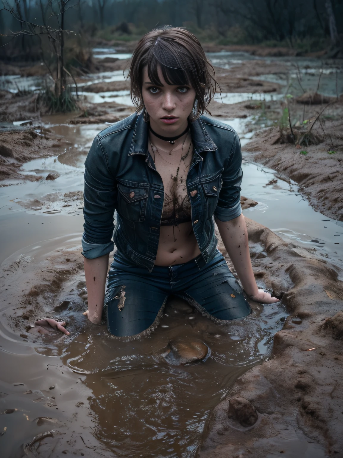 (Best Quality,hight resolution,Masterpiece, Overhead view:1.20),Ultra-detailed,The woman,Wide flares on jeans,sickly,drowning in a swamp,standingn:1.2, fetish, Posing, overcomes shame:1.3, (at the bottom of a mud pit:1.3),gloomy ecstasy,fetish,dark gloomy atmosphere,gritty texture,melancholic expression on his face,mysterious aura,foggy background,Subtle color palette,provocative pose,Strong emotions,Coming Out of the Depths of Despair,Piercing gaze,intense shadows,Plunged in Darkness,Rugged terrain,ominous vibe,A supernatural sensation,asymmetrical bangs, freckles, pink short hair, Bangs, freckles, gray eyes,