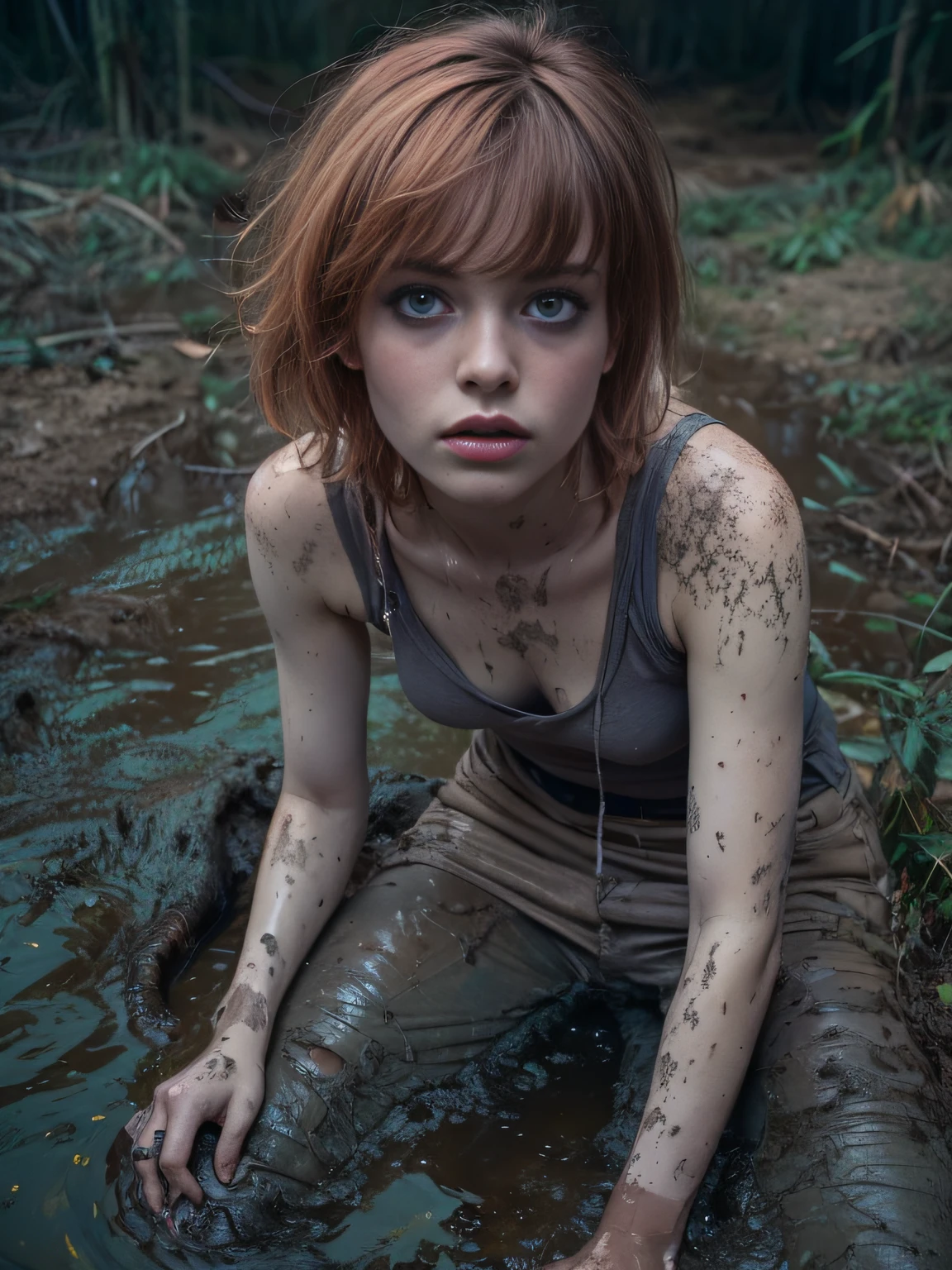 (Best Quality,hight resolution,Masterpiece, Overhead view:1.20),Ultra-detailed,The woman,Wide flares on jeans,sickly,drowning in a swamp,standingn:1.2, fetish, Posing, overcomes shame:1.3, (at the bottom of a mud pit:1.3),gloomy ecstasy,fetish,dark gloomy atmosphere,gritty texture,melancholic expression on his face,mysterious aura,foggy background,Subtle color palette,provocative pose,Strong emotions,Coming Out of the Depths of Despair,Piercing gaze,intense shadows,Plunged in Darkness,Rugged terrain,ominous vibe,A supernatural sensation,asymmetrical bangs, freckles, pink short hair, Bangs, freckles, gray eyes,