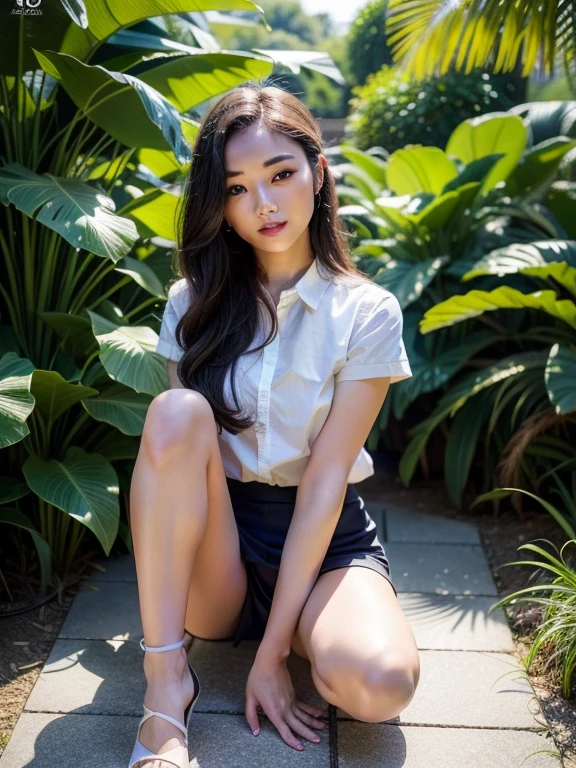 (8K High Resolution), (top-quality), (Raw quality),(masutepiece:1.2), (realisitic), (Photorealistic:1.37), ,Large eyes,long eyeslashes,(Live-action realistic style),The Ultimate Face,realistic light and shadow,Clear facial features,,Fair skin, ),Best portraits,Shooting at close range, 1 rapariga, Cute,Beautiful detailed eyes,highlydetailed skin,(Beautiful face with double eyelids), (Realism: 1.4),((Full body image)) ,Detailed and beautiful face,,Women around 20 years old,(Beautiful Face 1.4),Middle hair,((Japan woman in business suit)),(Make eye contact with your audience),red lipsticks,Limping around the eyes,(Laugh a little),In the tropical jungle,Sit upright on one knee.,The skirt is rolled up.、Panties look perfect..,Pastel colors panties,I love showing my panties to my viewers,Show your panties to your audience,Beautiful face reflected in the light,red lipsticks,Limping around the eyes,Very beautiful feet are attractive,A very bright world