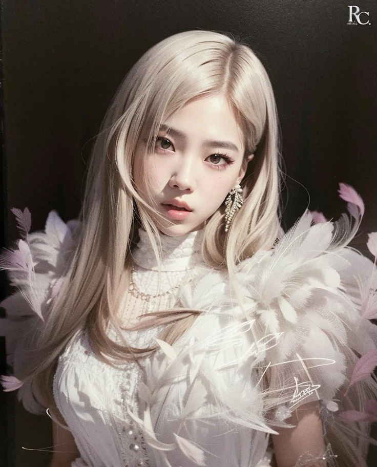 Foto arafed de una mujer con cabello largo y vestido de plumas., Retrato de Jossi de Blackpink, Parque Roseanne de Blackpink, Jossi de Blackpink, Krystal, Cl, con pelo largo blanco, con el pelo largo y blanco, Lalisa Manoban de Blackpink, Jinyoung Shin, Retrato Jisoo Blackpink, Lalisa Manobal, portrait of female Korean idol