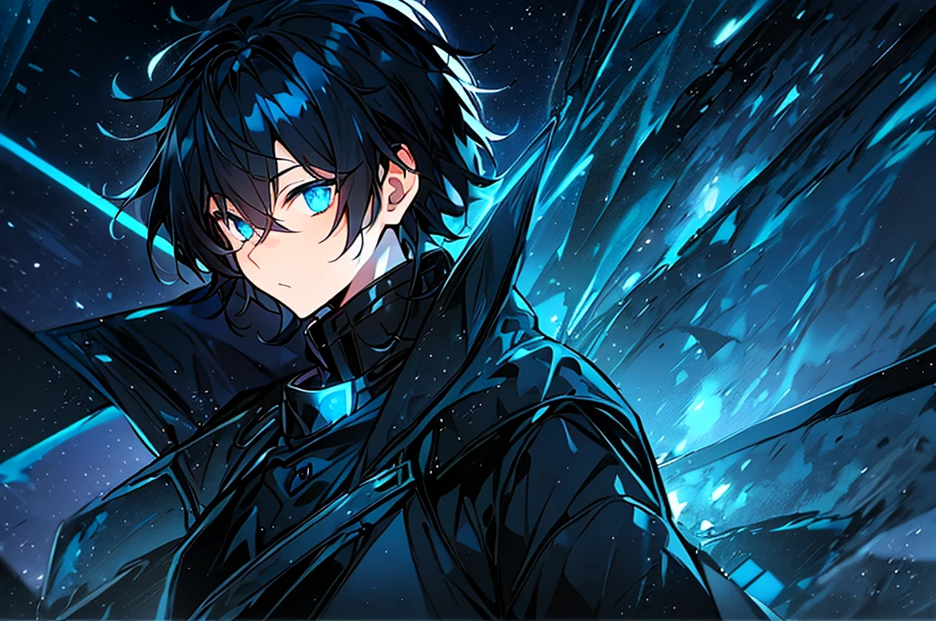 hight resolution，Anime boy with black hair and blue eyes staring at the camera，Glowing blue eyes，slim and wearing black clothes、Shadow Body，de pele branca，monochromes、hair messy，Straight face、Diagonal angle