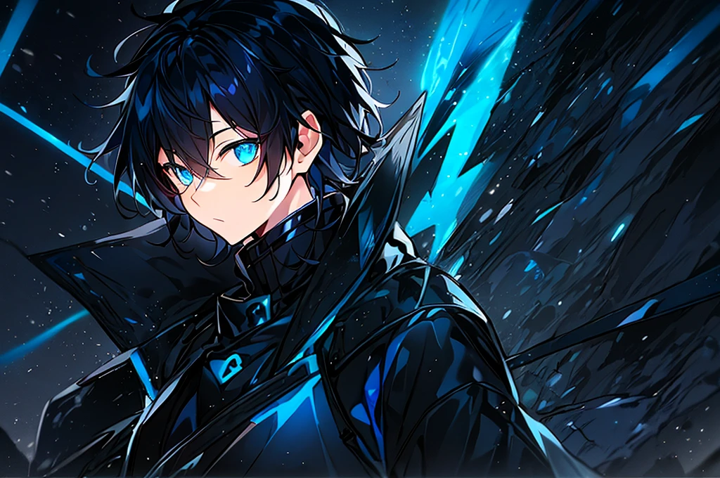 hight resolution,Anime boy with black hair and blue eyes staring at the camera,Glowing blue eyes,slim and wearing black clothes、Shadow Body,de pele branca,monochromes、hair messy,Straight face、Diagonal angle