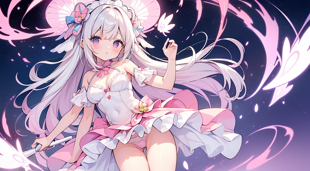 (tmasterpiece)、(top-quality)、(ultra - detailed)、(独奏)、Beautiful girl of 14 years old、small、mediuml breasts，Shoulders bare、Emphasize cleavage、Thighs exposed、Long white hair，Shoulders bare、White super short lolita，bare-legged，Look at the camera shyly，Grasp the hem of the skirt and lift it up，(Clear liquid flows from thigh to calf)，fully body photo，(pink )