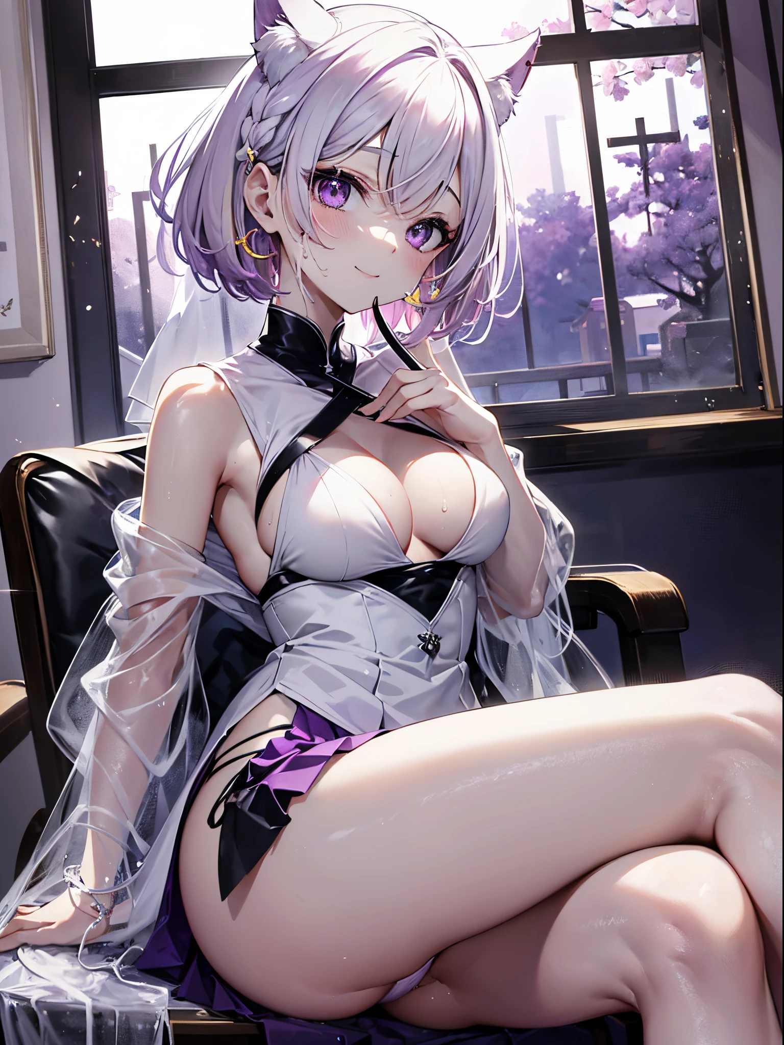 1 girl in, purple color hair、The purple-pink eyes that dreamers desire, (Blonde hair) , small stature, Colossal tits, Lori, (masutepiece:1.2, Best Quality), (finely detailed beautiful eye: 1.2), (beautifull detailed face), (Best Illumination, extremely delicate and beautiful), ((Cinematic Light)), Dramatic light, (Pale white background:1.5), Short bob hair(1:3)、Ultra Contrast、Braid a little around the ears, 鎖骨, White long dress、Perfect Finger、only has 5 fingers、、Her pussy is visible through the white thong、Wet pants、You can see inside your underwear、full of sweat、mocking look、nffsw,Arms crossed、grab the arm、Shoot from below、The angle is as seen from below.、Best Quality、Large breasts、muscular pussy、sweaty pussy、Pubic hair,Hairs、high-level image quality、hightquality、8K,perfect hand、5 fingers、finger pin、Perfect Finger、T back、Naked、noise cut、bullet hand、Her hair color should have been a brighter purple.The skirt part is also carefully expressed...、Purple skirt、the skirt is floating in the wind、Dark purple panties、Pubic hair majority、god angle、Sitting on a chair、legs crossed、Cross your legs、Photographed from under the chair、a smile