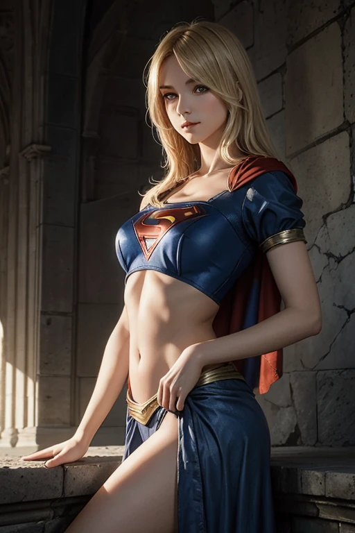 Caucasienne Supergirl faible et prisonnière dans une cellule de béton, allongée sur un mince matelas de mousse jaune. Supergirl inquiète est blessée, son costume est déchiré. quelques bleus sur le corps. Jupe courte et crop top. vêtements déchirés. yeux bleux, blonde. Inquiète et pause soumise. Luis Royo style