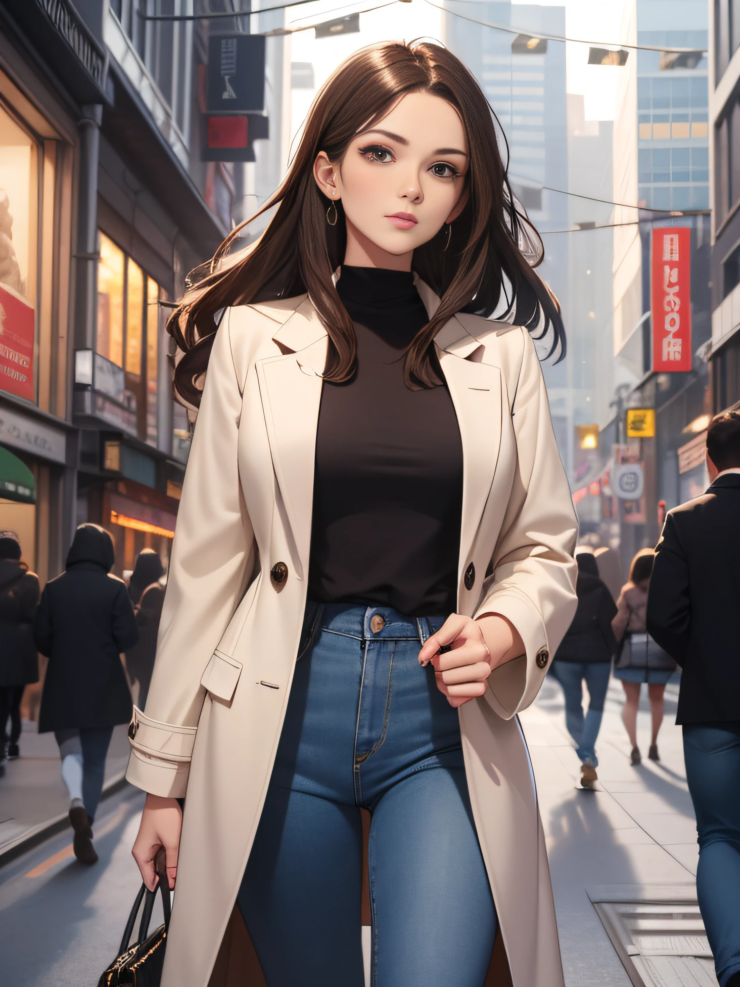 Best Quality, masutepiece, beautiful mature women、Beautiful face、Strong-minded woman、(White coat、jeans)、brown haired、(Brown-eyed)、Longhaire、Undersized eyes、(((Urban hustle and bustle)))、Business District、Beautiful 40-year-old businesswoman looks confident in a long coat on Christmas Eve々strolling through the city streets