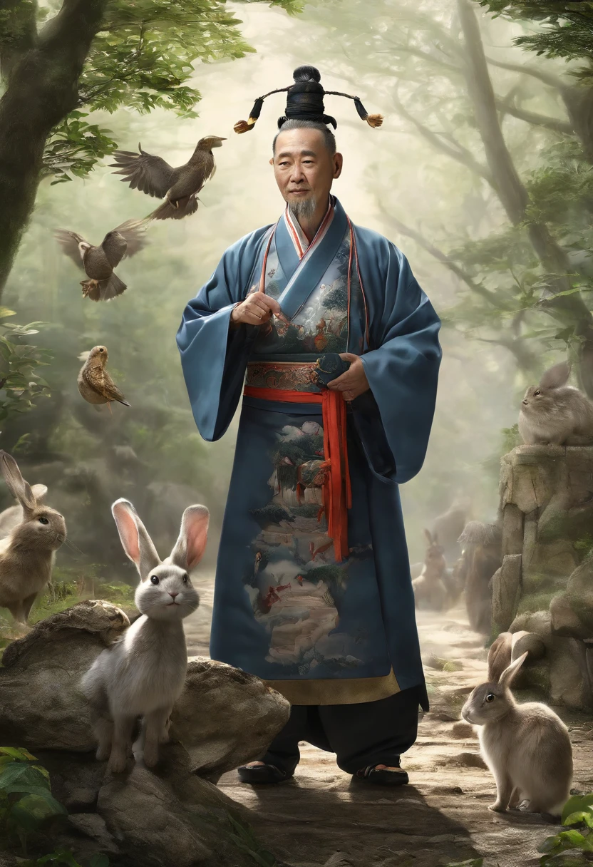 Taoist priest in Taoist uniform，A rabbit, Walk through the forest, Many birds, Lots of animals, Happy, Happy, perfectquality, Clear focus