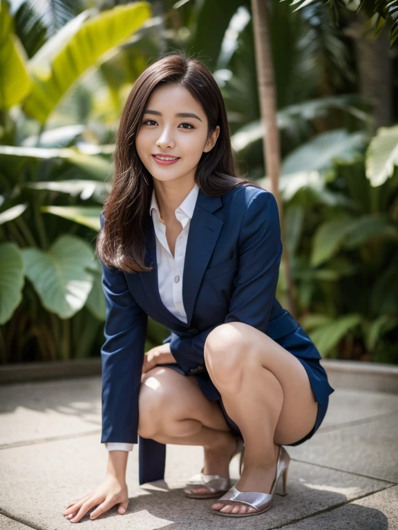 (8K High Resolution), (top-quality), (Raw quality),(masutepiece:1.2), (realisitic), (Photorealistic:1.37), ,Large eyes,long eyeslashes,(Live-action realistic style),The Ultimate Face,realistic light and shadow,Clear facial features,,Fair skin, ),Best portraits,Shooting at close range, 1 rapariga, Cute,Beautiful detailed eyes,highlydetailed skin,(Beautiful face with double eyelids), (Realism: 1.4),((Full body image)) ,Detailed and beautiful face,,Women around 20 years old,(Beautiful Face 1.4),Middle hair,((Japan woman in business suit)),(Make eye contact with your audience),red lipsticks,Limping around the eyes,(Laugh a little),In the tropical jungle,Sit upright on one knee.,The skirt is rolled up.、Panties look perfect..,Pastel colors panties,I love showing my panties to my viewers,Show your panties to your audience,Beautiful face reflected in the light,red lipsticks,Limping around the eyes,Very beautiful feet are attractive,A very bright world