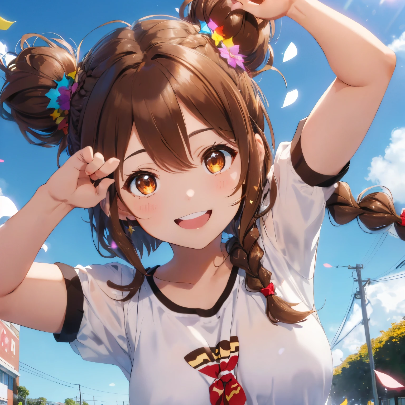 fluffy hair,((brown haired)),((twin hair braid short hair)),((Brown eyes)),((Hooray pose with both hands raised)),(Festive mood),(Congratulations),(Clear skies and bright sunlight),((colorful lights are shining)),Slight red tide,Confetti is flying,(move around happily),(jumpy),((There are many colorful flowers around)),(appearance々multiple people with different expressions々々),((Frontal perspective)),(huge smile)