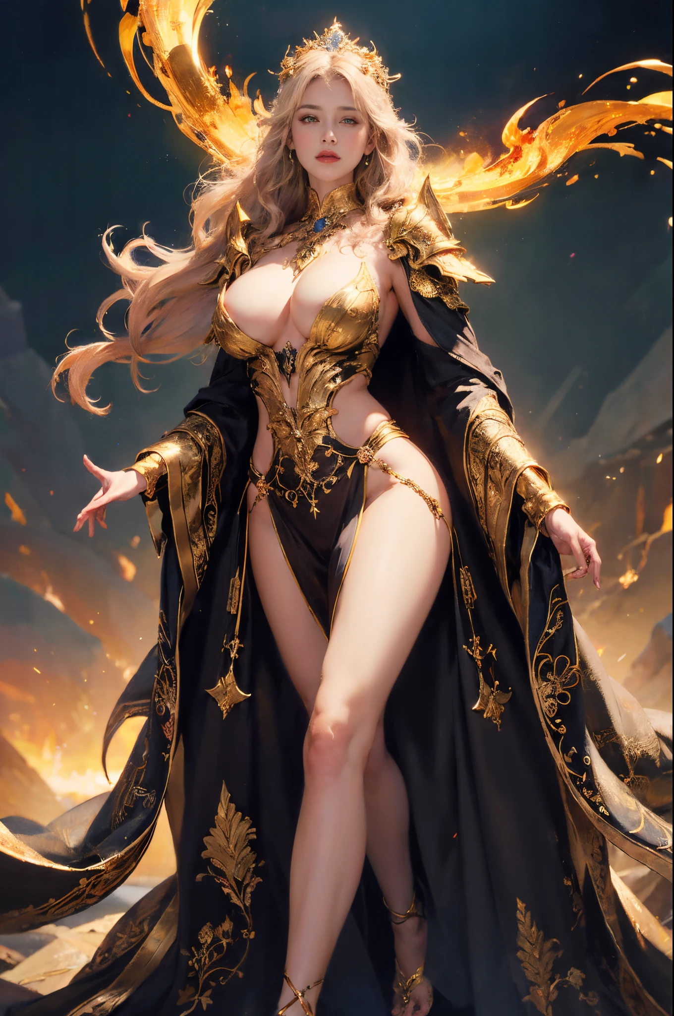 (tmasterpiece, (HighDynamicRange:1.5), Beautiful and beautiful:1.2),Depicting the goddess of war,She is a great giant,she is a lovely princess,Also a powerful warrior,火焰,lightning in sky,mountaintop foothills,mountain in the distance,(theelementoffire:1.4),flame of reality,Composed of fire elements,Highly realistic,Correct anatomy,Full body photo,convex,Cute big breasts,Expose breasts exposed,legs separated,plum,longing unsatisfied,Bare genitals, Camel toes,Sexy gesture,climaxing,Sex huge breasts cleavage, The barefoot,Sexy gesture,(dressed in:Transparent fireproof armor,Bare bare ,)1female,30 age old,Married woman,熟妇, 独奏,美丽詳細な目,(Tangled,datura,Tangles,entangled),Divine light,gold foil,Gold leaf art,Deep background,marvelous and unbelievable,Epic work,(Complicated details,hyper-detailing:1.2),ultra real photo, fearsome, Epic reality, faded, ((com cores neutras)),(pastel colour:1.2), 详细的脸, 詳細な目,hyper realisitc, + Cinema lenses + dynamic compositions, The is very detailed, Sharpen, Cinematic, warmly lit, Light effect, Dramatic light, (Complicated details:1.1), the complex background, (greg rutkovsky:0.8),