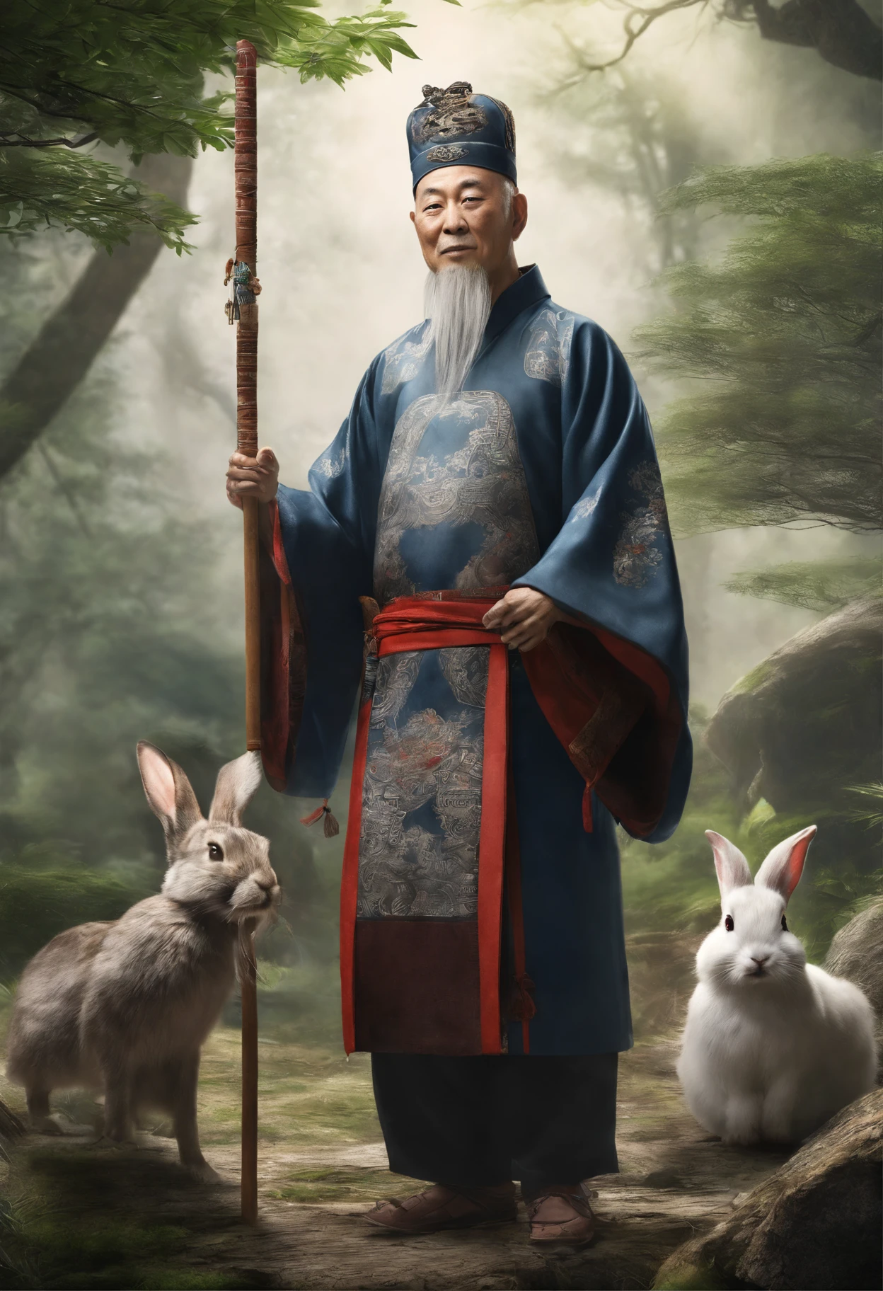 Taoist priest in Taoist uniform,A rabbit, Walk through the forest, Many birds, Lots of animals, Happy, Happy, perfectquality, Clear focus