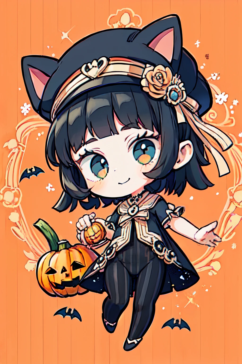 1girl, cute, halloween, pumpkin, pattern, blue cat, striped hat, stripe leggings, fullbody, design, character design, visual dev, adopt, adoptable art, deviantart, da, cute chibi