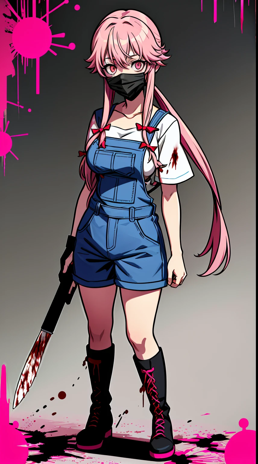 explicit, beautiful, amazing, high quality, detailed background, a woman with large breast in a woods, 1girl, breasts , , , pink hair, large breasts, twintails, long hair, solo focus, mirai nikki, black choker, dark grey overalls, leather gloves, black boots, ((face mask)), red eyes, chasing you through the woods, ((nigth)), crazy, ((crazy eyes)), ((crazy stare)) holding a bloody knife, (fanart of Gasai Yuno), (angry eyes:1.1), (perfect hands:1.5), (masterpiece), best quality, expressive eyes, VHS, ((nigth)), (Parfect Hand:1.3), 4k, 8k, 1980s, from below, (standing over you), wearing a jacket, (Blood:1.1), ((murderer)), (blood splatter:1.5),yuno gasai, long hair, (pink eyes:1.5), pink hair, smile, low twintails,