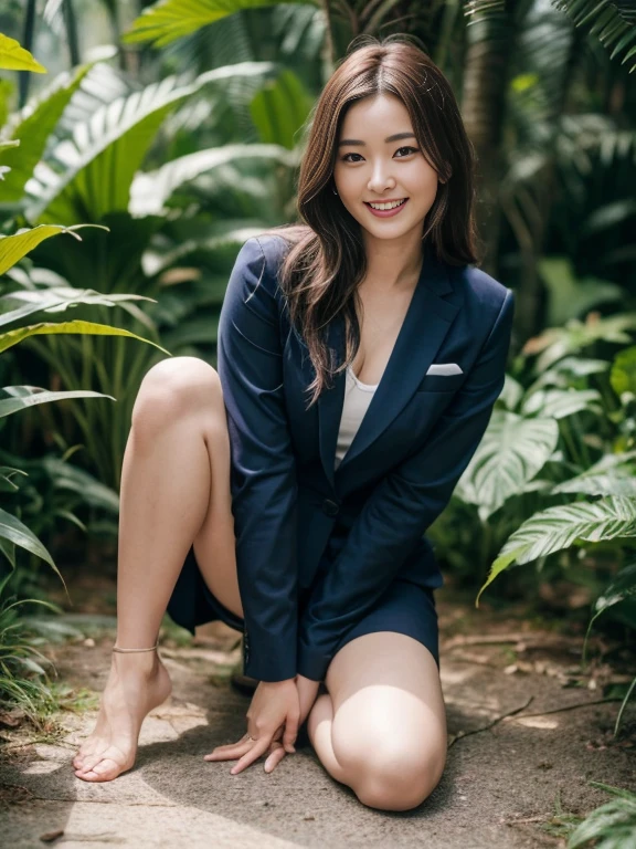 (8K High Resolution), (top-quality), (Raw quality),(masutepiece:1.2), (realisitic), (Photorealistic:1.37), ,Large eyes,long eyeslashes,(Live-action realistic style),The Ultimate Face,realistic light and shadow,Clear facial features,,Fair skin, ),Best portraits,Shooting at close range, 1 rapariga, Cute,Beautiful detailed eyes,highlydetailed skin,(Beautiful face with double eyelids), (Realism: 1.4),((Full body image)) ,Detailed and beautiful face,,Women around 20 years old,(Beautiful Face 1.4),Middle hair,((Japan woman in business suit)),(Make eye contact with your audience),red lipsticks,Limping around the eyes,(Laugh a little),In the tropical jungle,Sit upright on one knee.,The skirt is rolled up.、Panties look perfect..,Pastel colors panties,I love showing my panties to my viewers,Show your panties to your audience,Beautiful face reflected in the light,red lipsticks,Limping around the eyes,Very beautiful feet are attractive,A very bright world