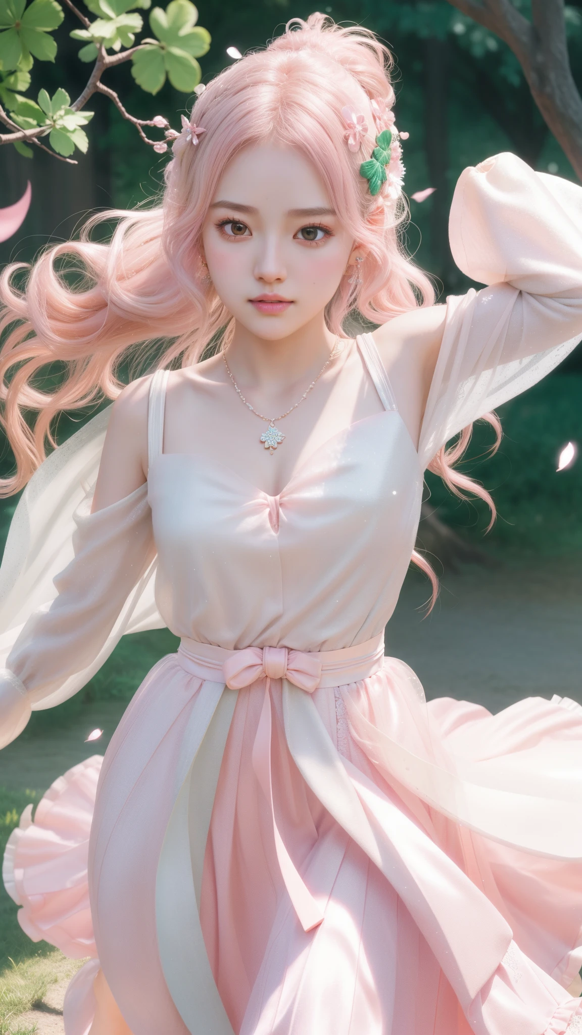 a girl, detailed hair, detailed eyes, shy, facial hair, clover hair ornament, jeweled branch of hourai, jewelry, light blush, light blush, musical note hair ornament, white dress, princess dress, white highlight, glowing light, ray tracing, bloom, chromatic aberration abuse, motion blur, 4K, UHD, masterpiece, dancing poses,