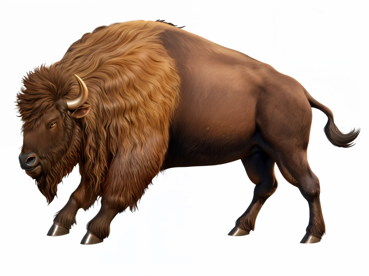 bull walking sideways, buffalo, humpback bison, There are a lot of manes on the body, Curly mane, Lots of leg hair, Bison have thick manes, Super quality, extremely high resolution. 8K, exquisite detailing, The proportions are reasonable, There are layers of light and shadow