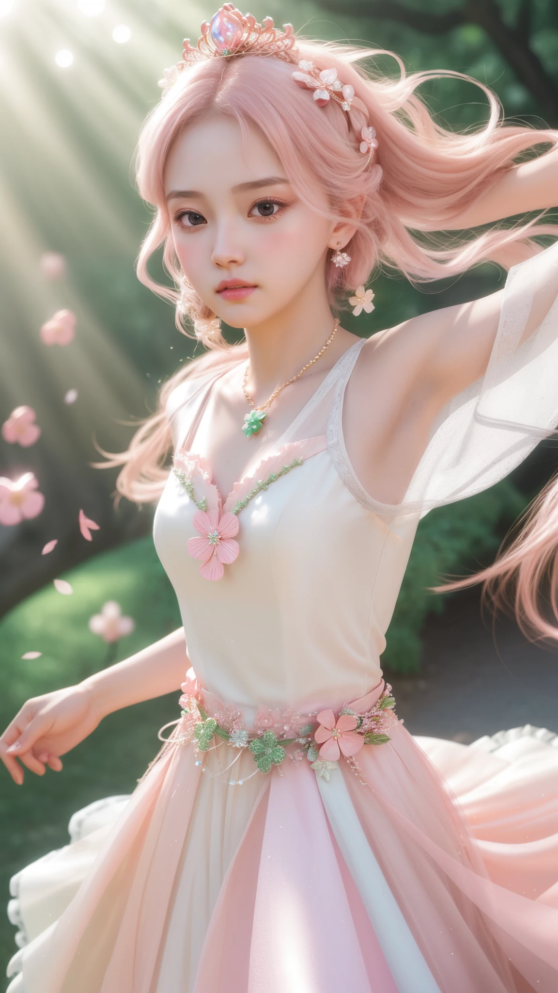 a girl, detailed hair, detailed eyes, shy, facial hair, clover hair ornament, jeweled branch of hourai, jewelry, light blush, light blush, musical note hair ornament, white dress, princess dress, white highlight, glowing light, ray tracing, bloom, chromatic aberration abuse, motion blur, 4K, UHD, masterpiece, dancing poses,