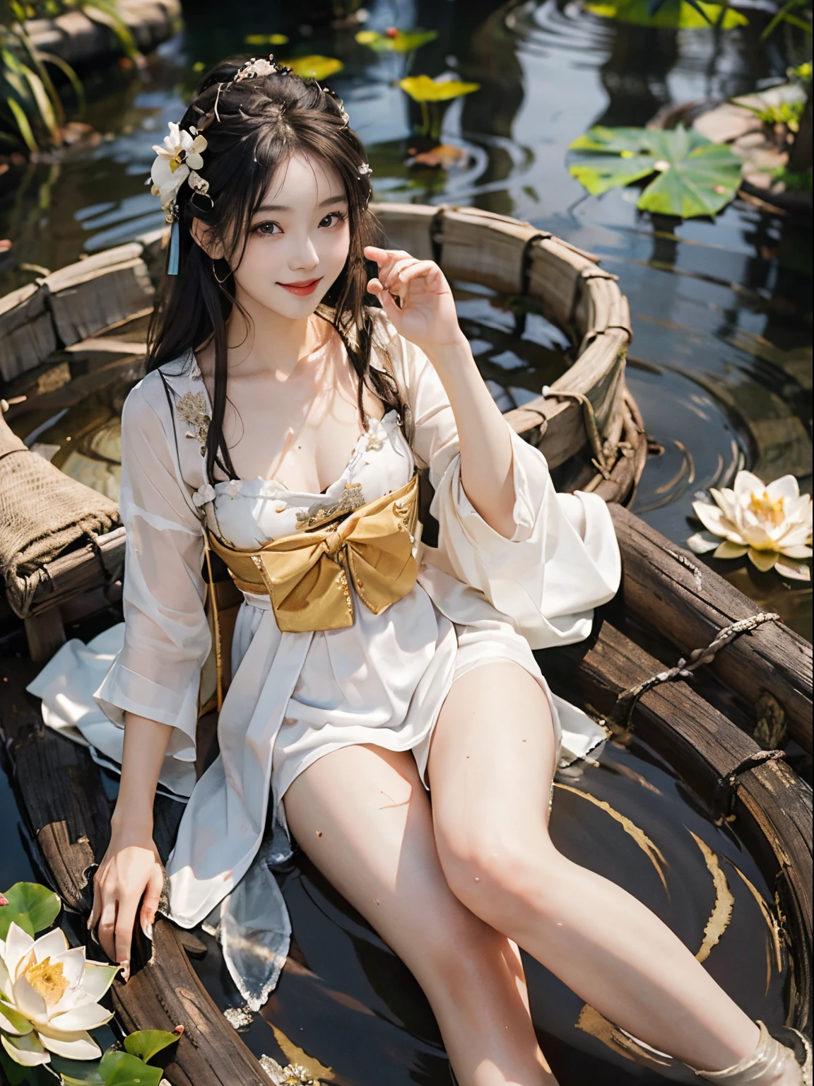 (best quality, masterpiece:1.2, ultra-detailed, realistic:1.37, highres), beautiful detailed eyes, slender figure, long legs, beautiful detailed lips, radiant smile, youthful female model, sweet ancient costume girl, white hanfu, deep v-neck, ample bosom, lotus flower, pond, posing on a bamboo raft for a photo, completely soaked, exquisite face, slender body, graceful legs, laughter, beaming smile.