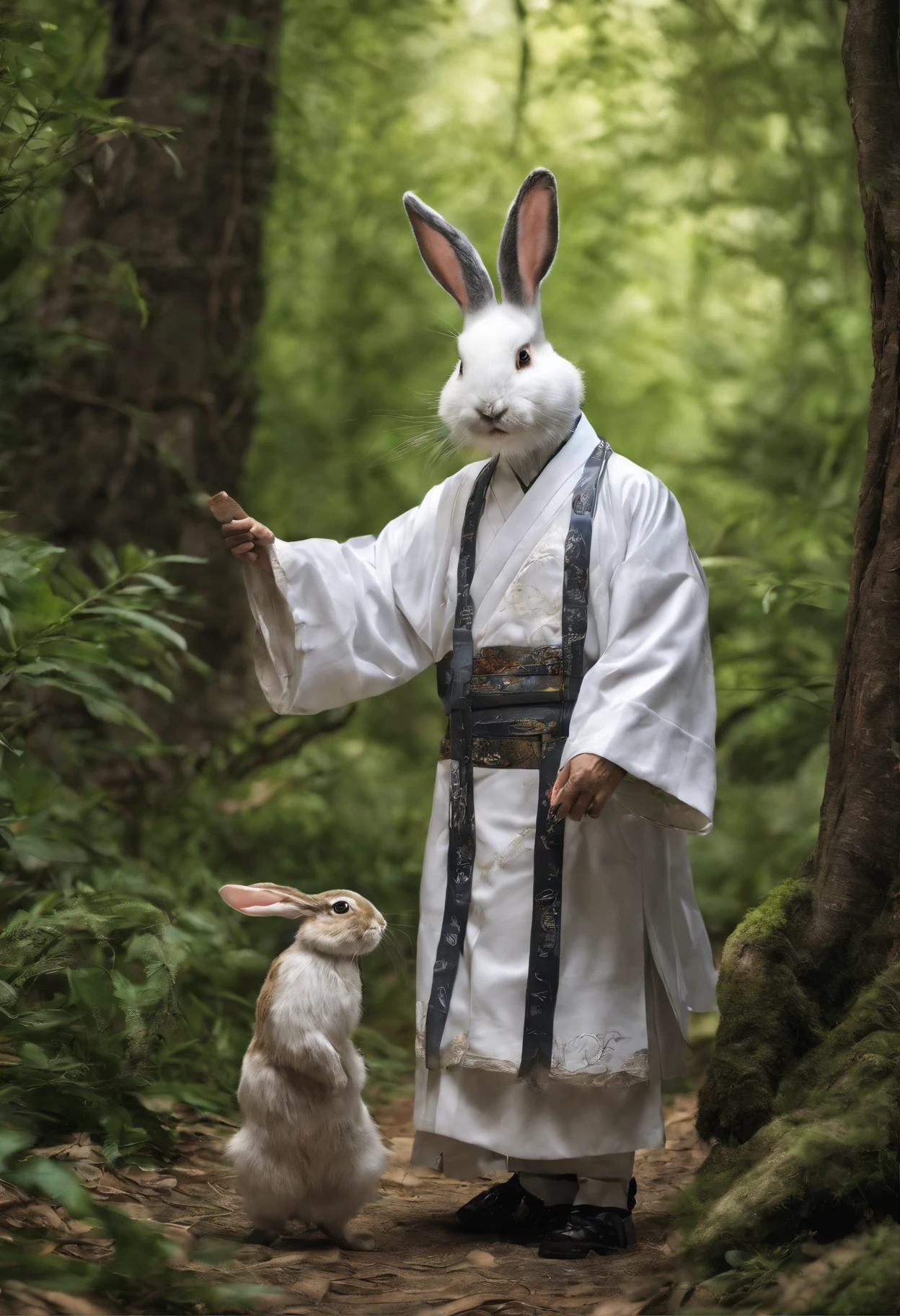 Taoist priest's grandfather in Taoist uniform,A rabbit, walking through a forest, Many birds, Lots of animals, Happy, Happy, perfectquality, Clear focus