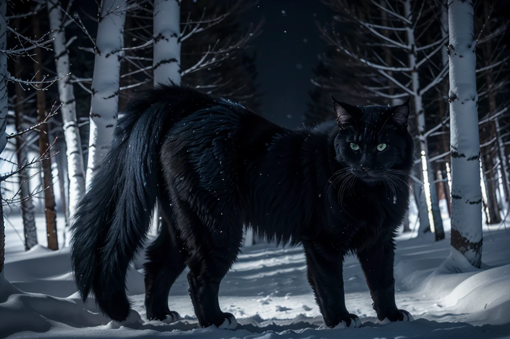 Midnight in heavy snow. Side view of one hulking 10-foot-tall shaggy black cat (looks at viewer) with supernatural blue flames outlining its fur, stalking through a birch forest.
