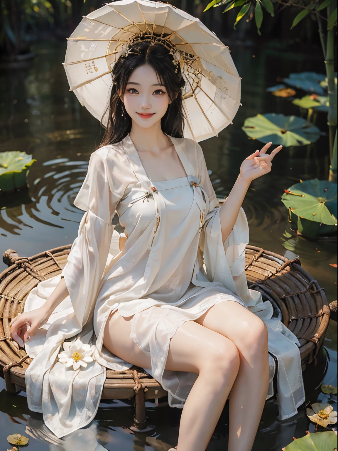 (best quality, masterpiece:1.2, ultra-detailed, realistic:1.37, highres), beautiful detailed eyes, slender figure, long legs, beautiful detailed lips, radiant smile, youthful female model, sweet ancient costume girl, white hanfu, deep v-neck, ample bosom, lotus flower, pond, posing on a bamboo raft for a photo, completely soaked, exquisite face, slender body, graceful legs, laughter, beaming smile.