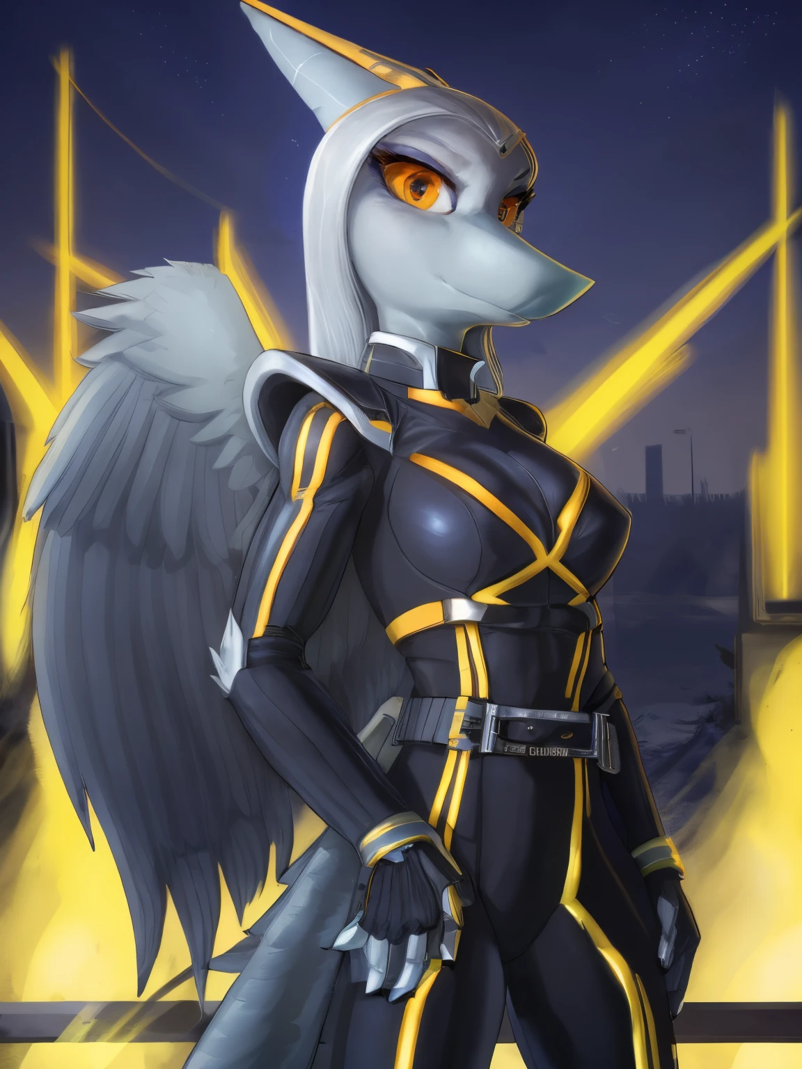 4k, perfect focus, photography, female pterodactyl, female Slim body, small Nice breast, ((fang character from snoot game)), straight silver hair, azure blue pterodactyl feathered wings, beautiful eyes, large amber eyes,No helmet, no mask, ((wearing kamen rider kaixa suit, kaixa Belt, female suit, bare face, Holding the helmet in his arms )), (((no mask, no helmet, only suit, Bare head, showing face))), night urban background, night landscape, night sky