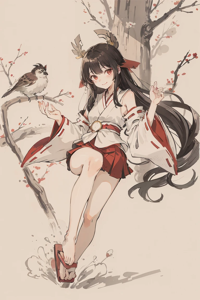 sparrow, a black haired girl, wearing a miko clothes, long hair, hair, crimson skirt, miko uniform, slim body, , curious face, praying pose, seductive smile