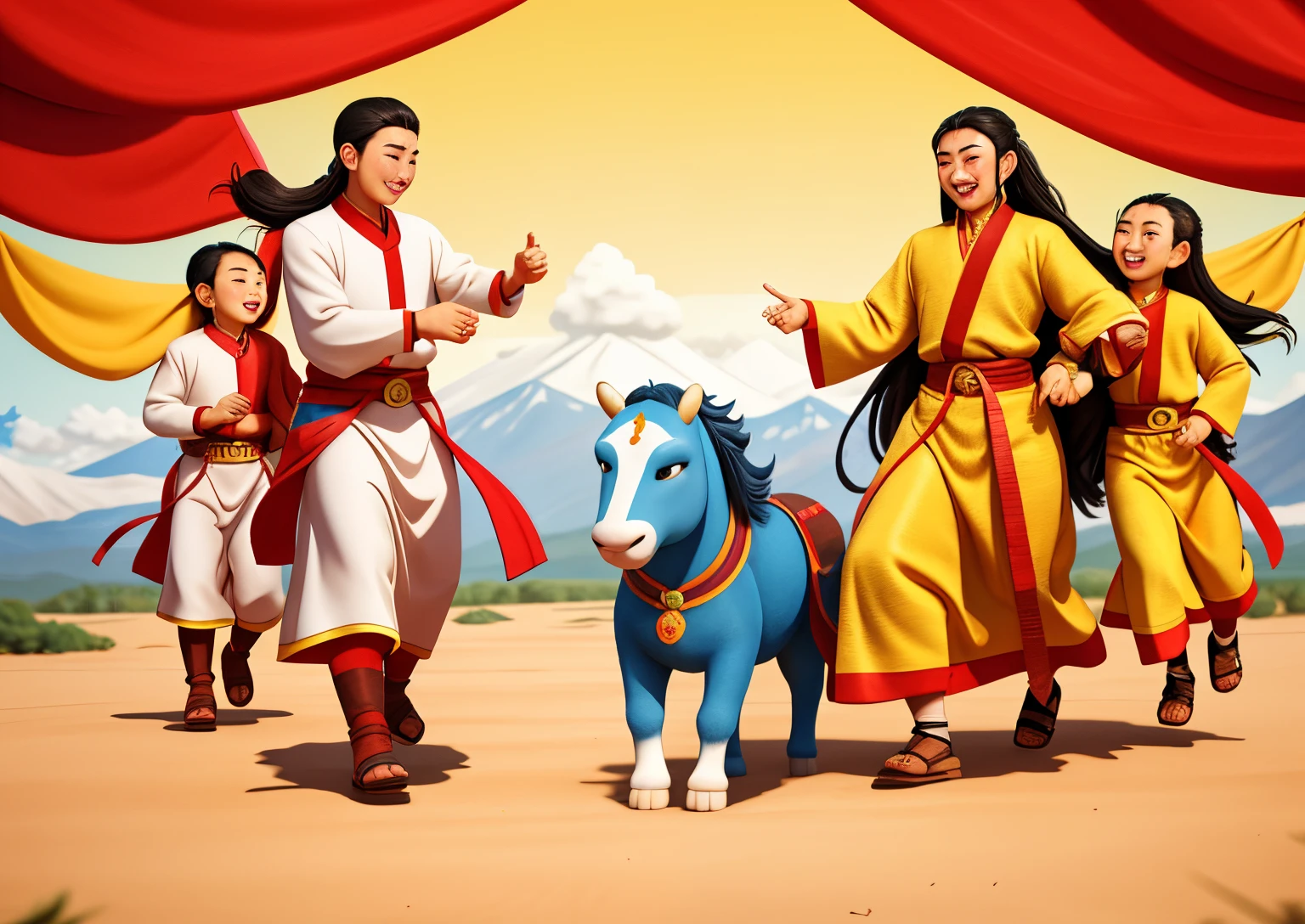 Mongolian，Family of 4，Mongolian，gleeful，having fun，blissful，minority，illustration，HD 4K，Fine hair，high qulity，white backgrounid，Fine hands，Fine facial features，Good facial features，Reasonable hands
