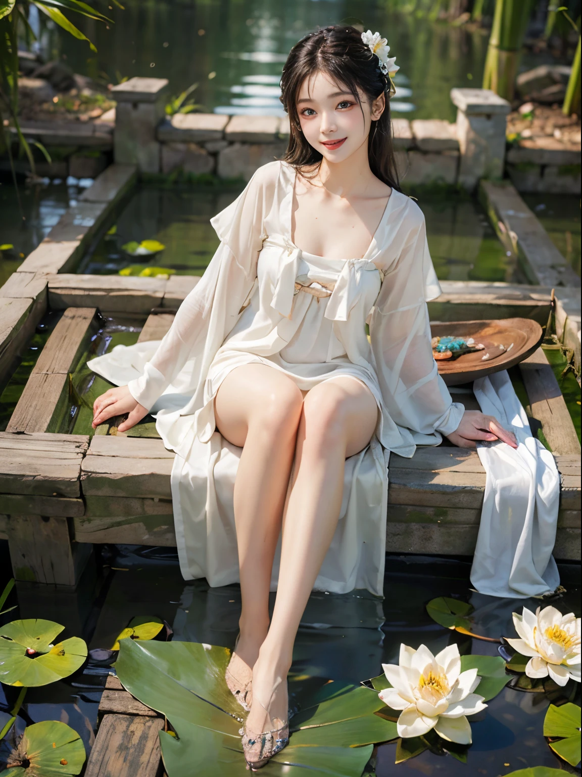 (best quality, masterpiece:1.2, ultra-detailed, realistic:1.37, highres), beautiful detailed eyes, slender figure, long legs, beautiful detailed lips, radiant smile, youthful female model, sweet ancient costume girl, white hanfu, deep v-neck, ample bosom, lotus flower, pond, posing on a bamboo raft for a photo, completely soaked, exquisite face, slender body, graceful legs, laughter, beaming smile.
