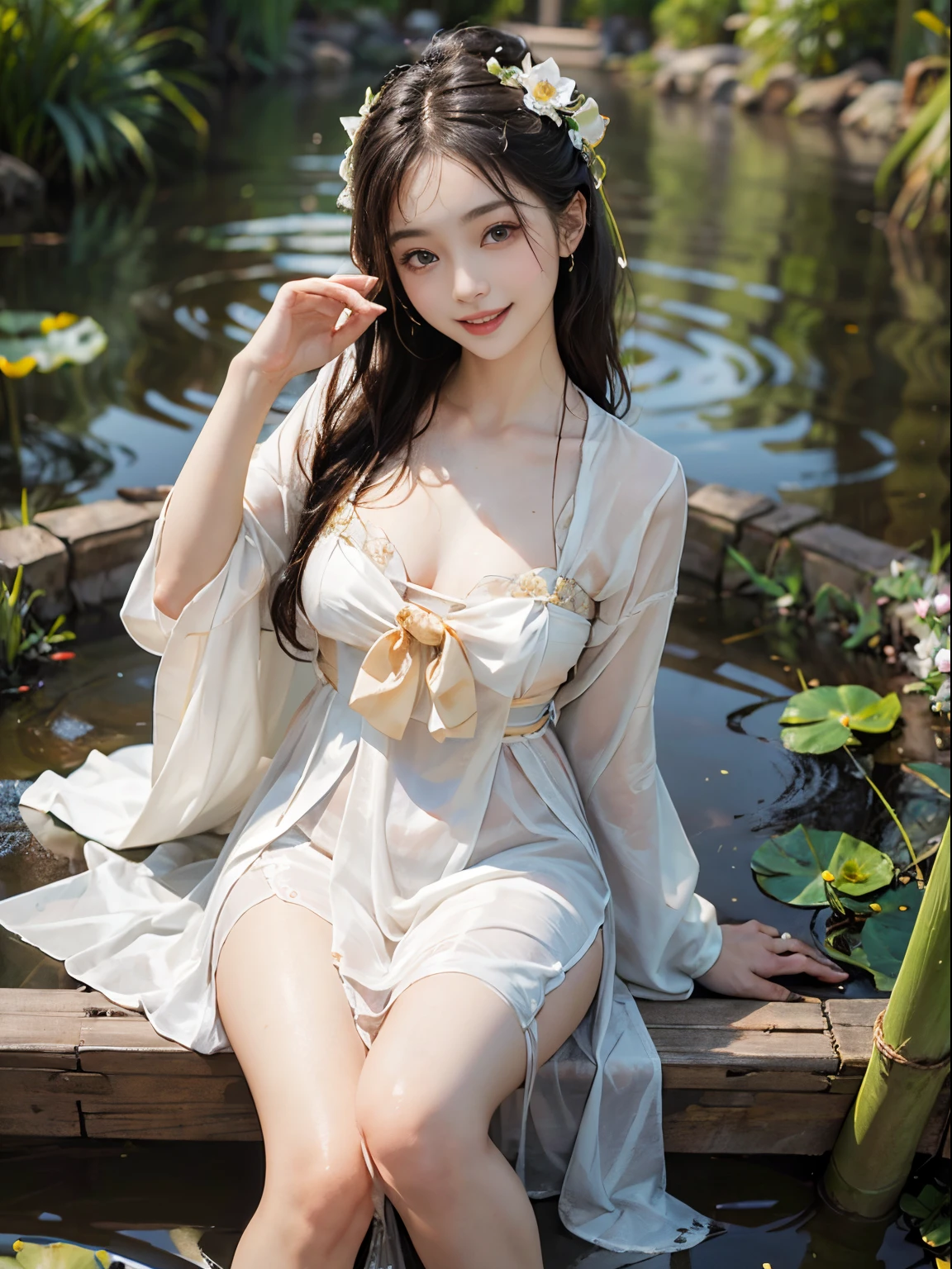 (best quality, masterpiece:1.2, ultra-detailed, realistic:1.37, highres), beautiful detailed eyes, slender figure, long legs, beautiful detailed lips, radiant smile, youthful female model, sweet ancient costume girl, white hanfu, deep v-neck, ample bosom, lotus flower, pond, posing on a bamboo raft for a photo, completely soaked, exquisite face, slender body, graceful legs, laughter, beaming smile.