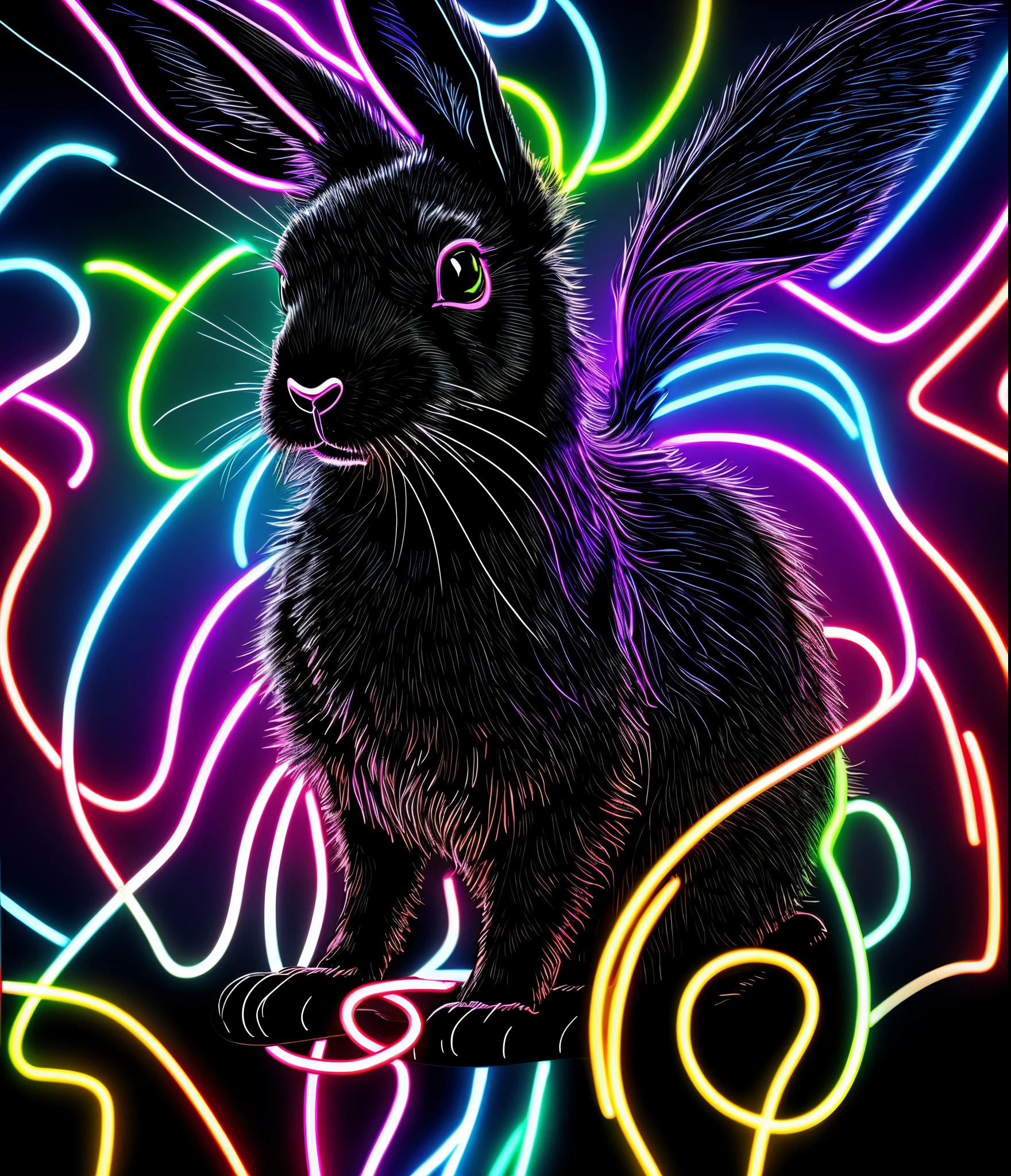 black rabbit in neon style, with electric line effects, using a combination of black, white and electric blue.