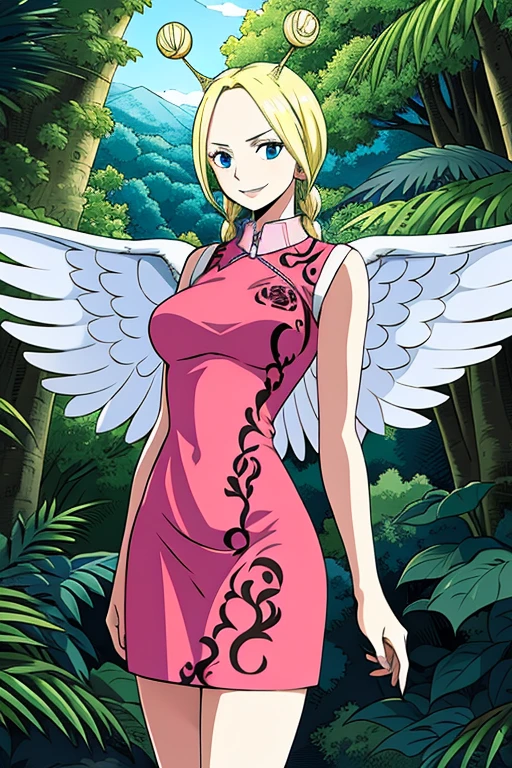 masutepiece, ((hyper detailed background, Delicate pattern, intricate detailes)), (Highly detailed, Fine details), Best Quality, Beautiful lighting, ((medium breasts, Slim Girl)), Conis, 1girl in, Solo, Blonde hair, Wings, Twin braids, Smile, Dress, Blue eyes, Bun, intricate detailed background, Blue sky, tussock, Trees, nature environment, (Cowboy Shot),