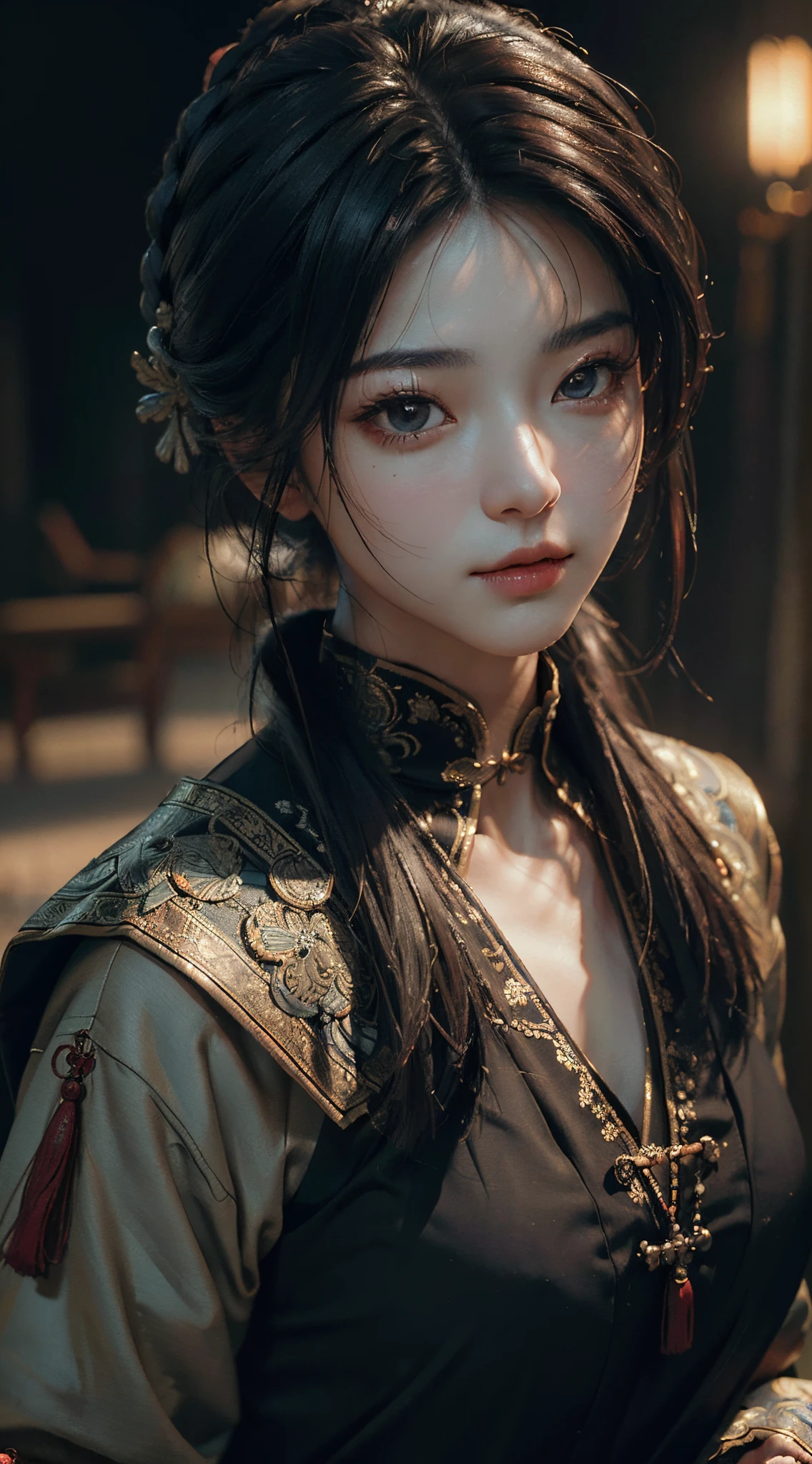 Best quality, (RAW photo: 1.2), (Masterpiece: 1.4), (Realism: 1.4), (High resolution: 1.4), Chinese actress Guli Naza, depth of field, intricate details, 8k, very detailed, perfect lighting, epic background, black tang costume