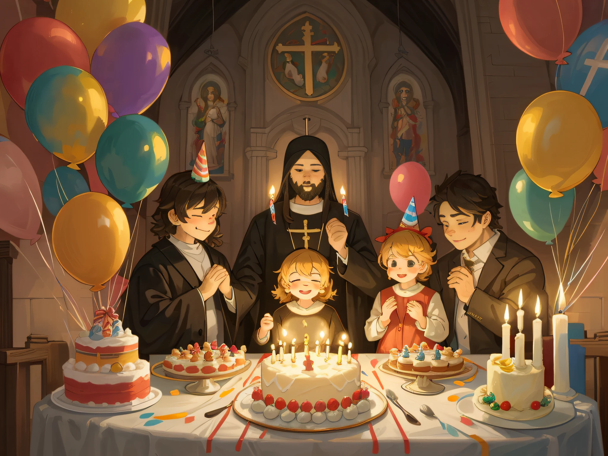 Cover of a, Realistic oil painting, A high resolution, top-quality, Best quality at best, Paid rewards available, High quality illustrationtiz, Unbeatable masterpiece, Perfect artwork, Ridiculous resources(Family attending birthday party at church, One guy, Women and children praying in front of candles on birthday cake)(room decorated with balloons、Streamers、Crosses and many church-related objects, Image of Jesus Christ smiling on the wall,Festive and colorful atmosphere)(A lot of men, Women and children smiling and applauding)perfect anatomia, Cake with candles and colorful icing, Joyful and celebratory mood, special family moments, Fan creations shared on Pixiv or Twitter platforms, 电影灯光, dynamic angle,