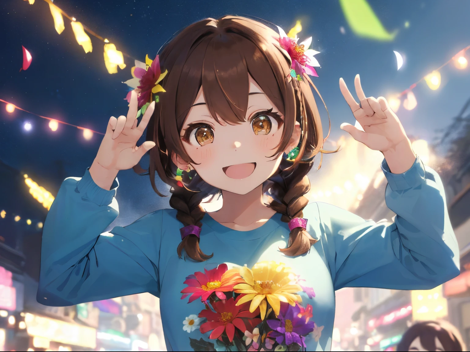 fluffy hair,((brown haired)),((twin hair braid short hair)),((Brown eyes)),((Pose with both hands raised)),(Festive mood),(Congratulations),(clear sky and bright sunshine),((colorful lights are shining)),Slight red tide,Confetti is flying,(have fun moving around),(jumpy),((There are many colorful flowers around)),(appearance々multiple people with different expressions々々々々々),((Frontal perspective)),(huge smile),((Botanical pattern long sleeve T-shirt)),